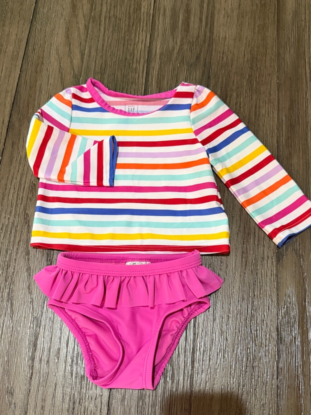 Baby Gap Pink Ruffle Bikini Set with Rainbow Stripe Rash Guard 0-6 months